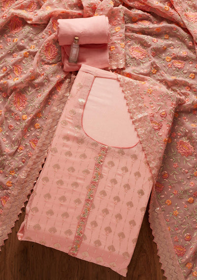 Baby Pink Threadwork Semi Crepe Designer Unstitched Salwar Suit - koskii