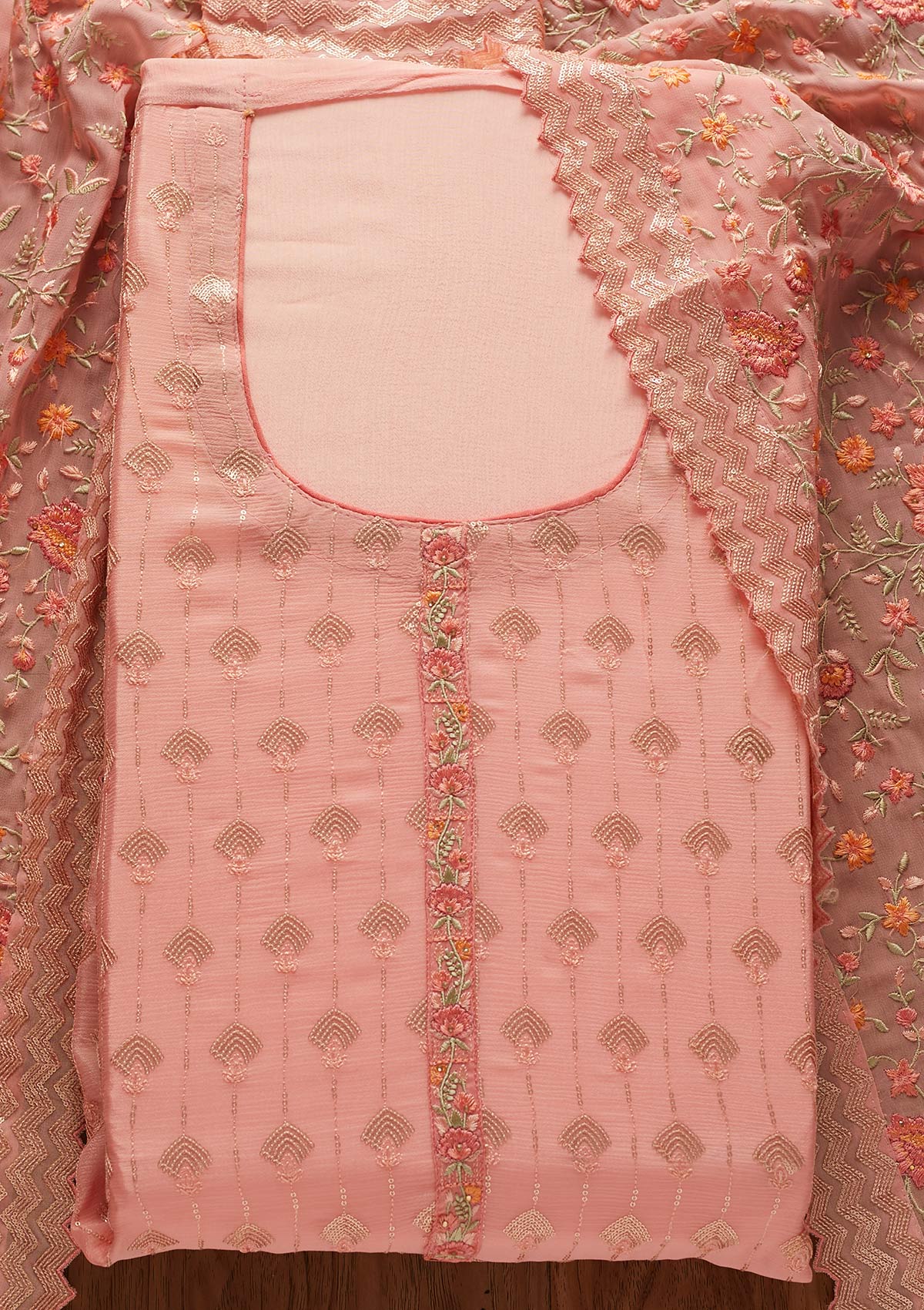 Baby Pink Threadwork Semi Crepe Designer Unstitched Salwar Suit - koskii
