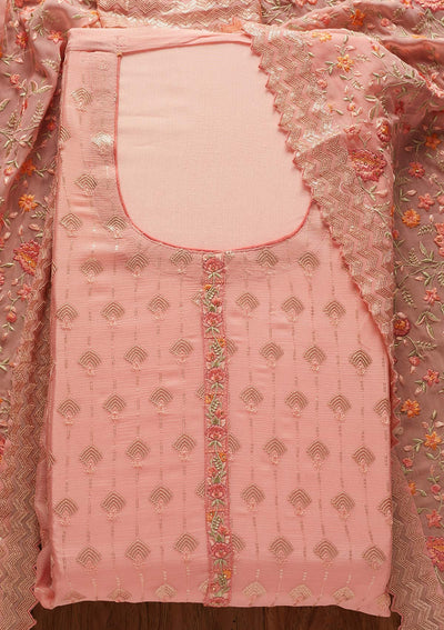 Baby Pink Threadwork Semi Crepe Designer Unstitched Salwar Suit - koskii