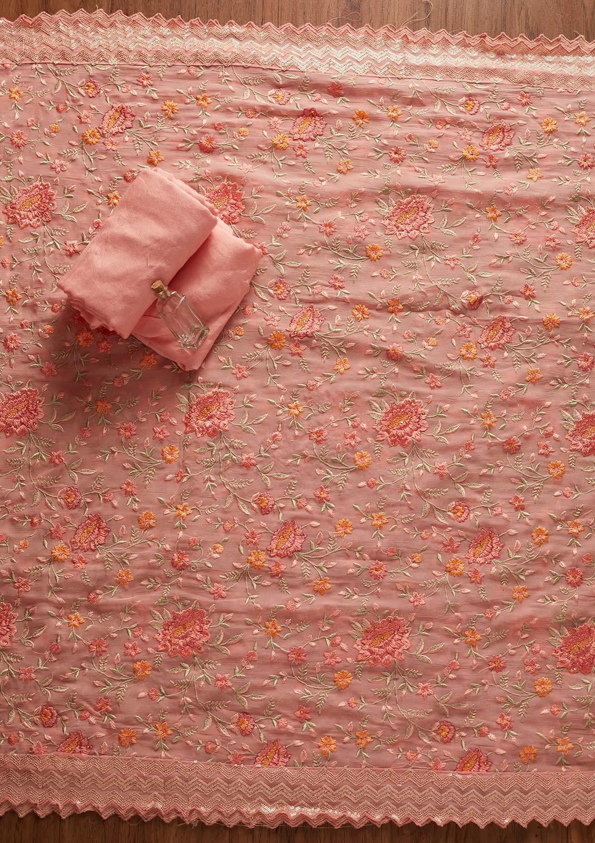 Baby Pink Threadwork Semi Crepe Designer Unstitched Salwar Suit - koskii