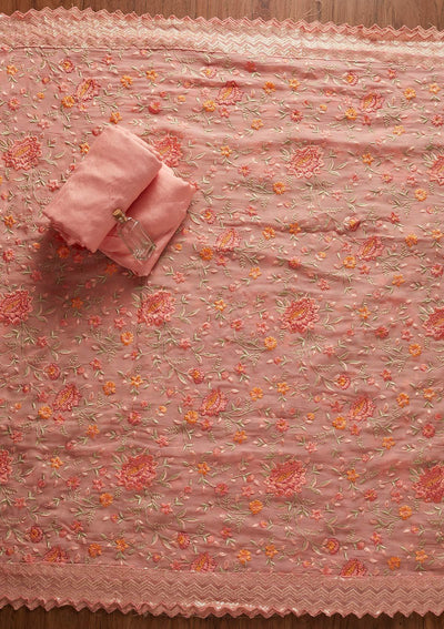 Baby Pink Threadwork Semi Crepe Designer Unstitched Salwar Suit - koskii