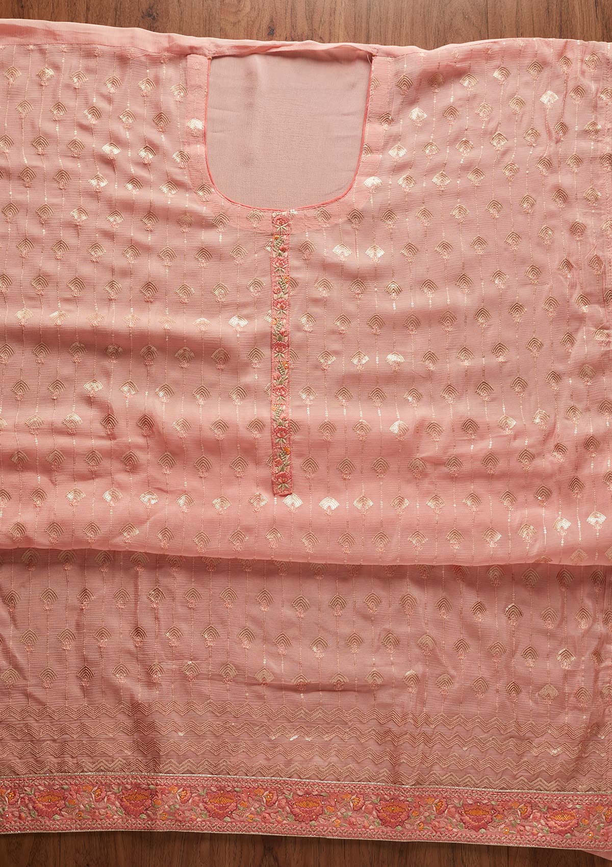 Baby Pink Threadwork Semi Crepe Designer Unstitched Salwar Suit - koskii