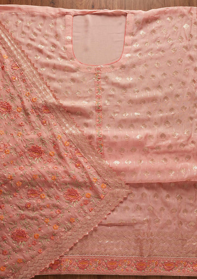 Baby Pink Threadwork Semi Crepe Designer Unstitched Salwar Suit - koskii
