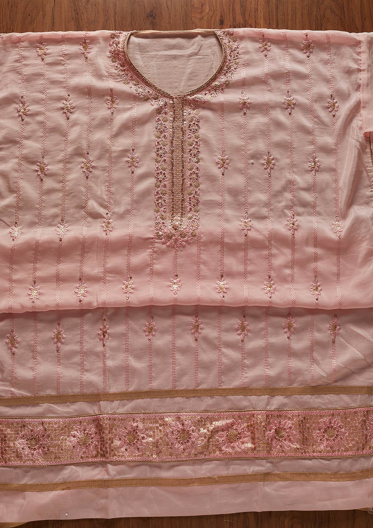 Baby Pink Threadwork Semi Crepe Designer Unstitched Salwar Suit - koskii