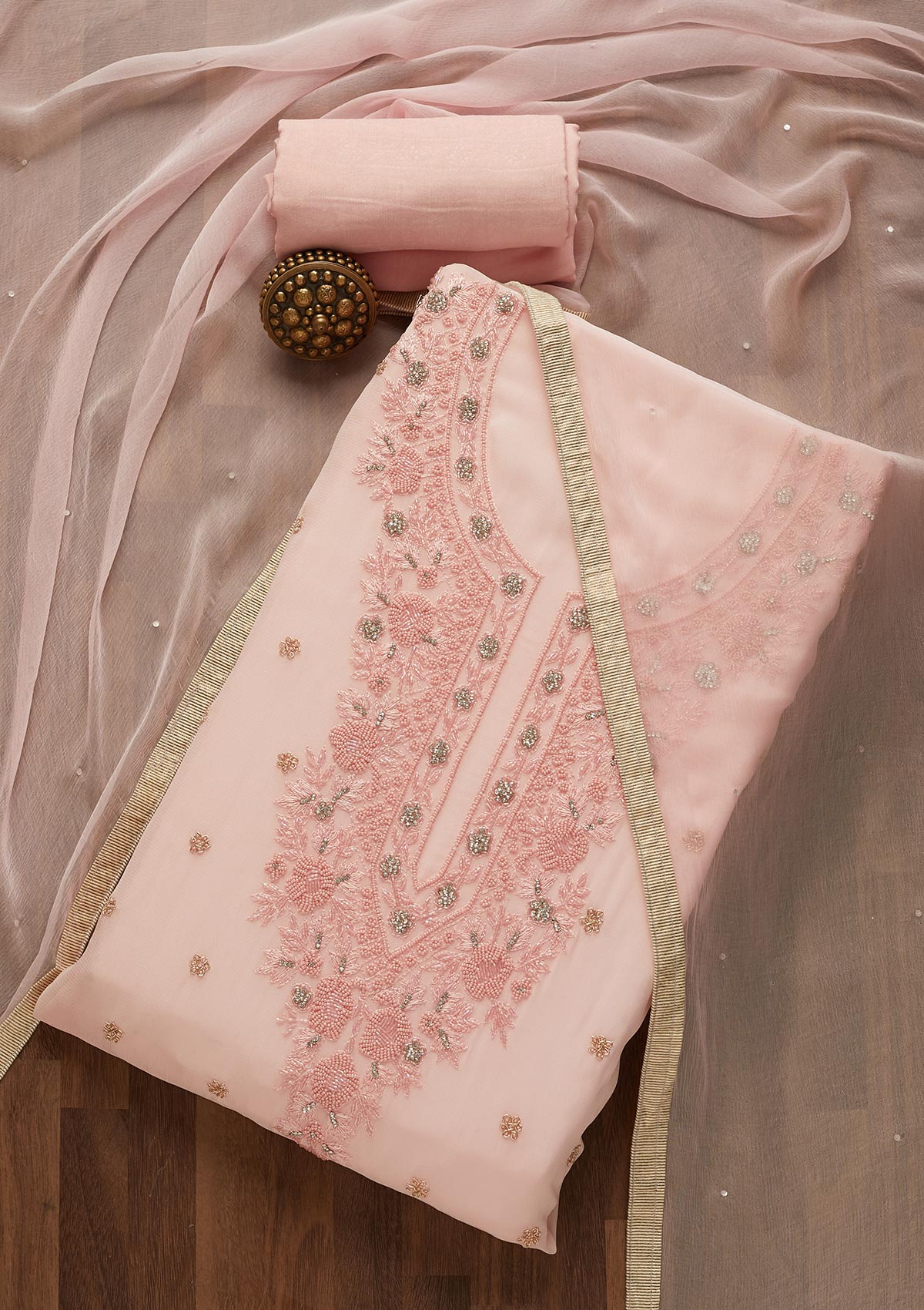 Baby Pink Zariwork Georgette Unstitched Salwar Suit - Koskii