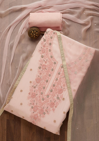 Baby Pink Zariwork Georgette Unstitched Salwar Suit - Koskii