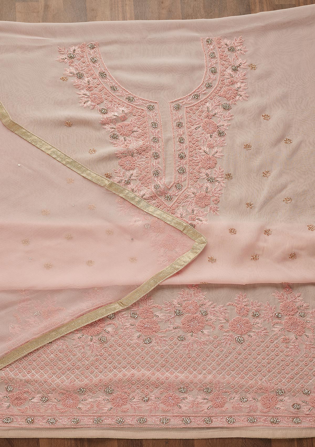 Baby Pink Zariwork Georgette Unstitched Salwar Suit-Koskii