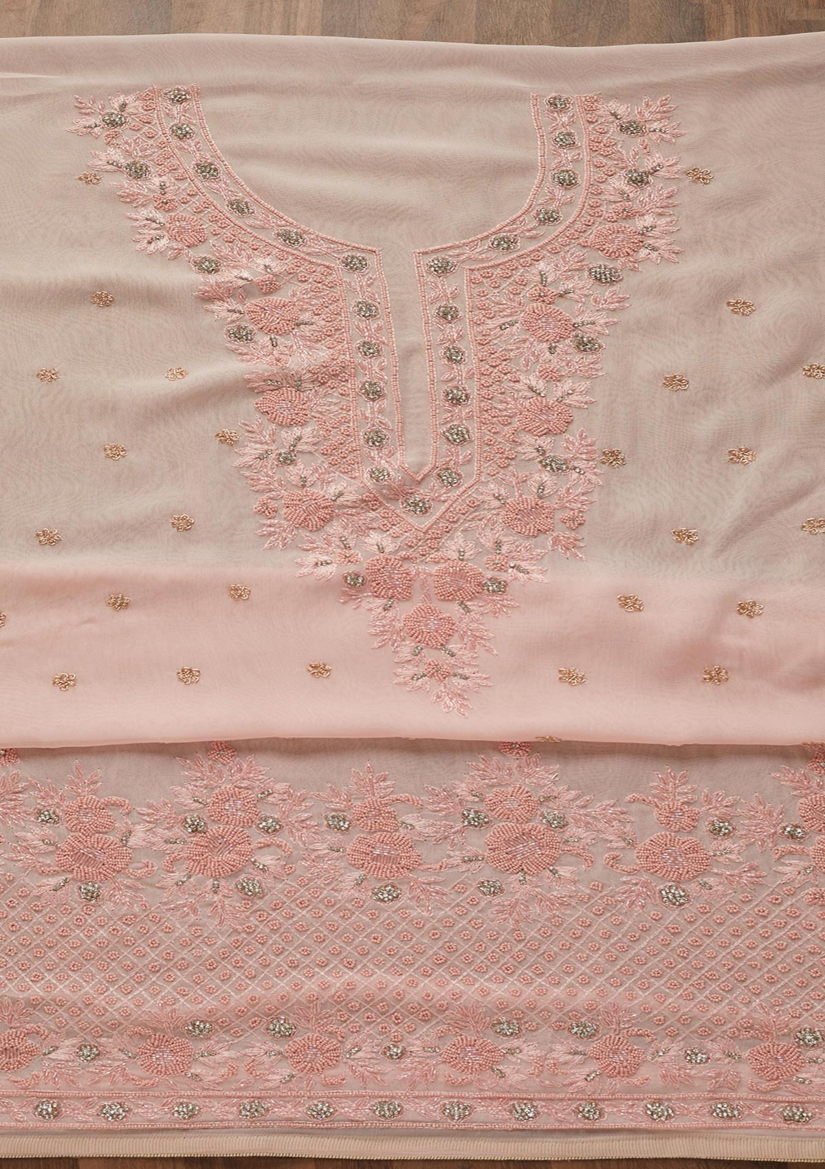 Baby Pink Zariwork Georgette Unstitched Salwar Suit-Koskii