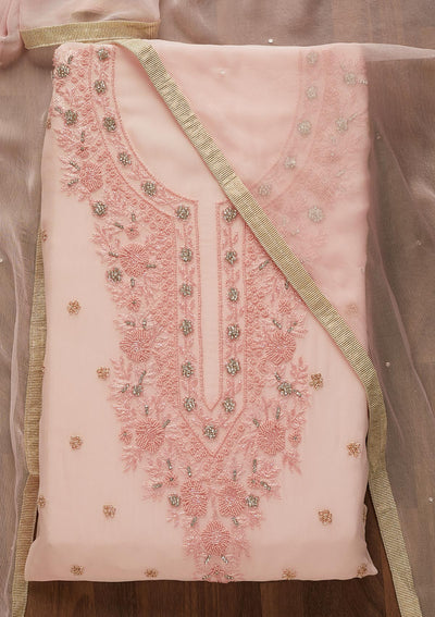 Baby Pink Zariwork Georgette Unstitched Salwar Suit-Koskii