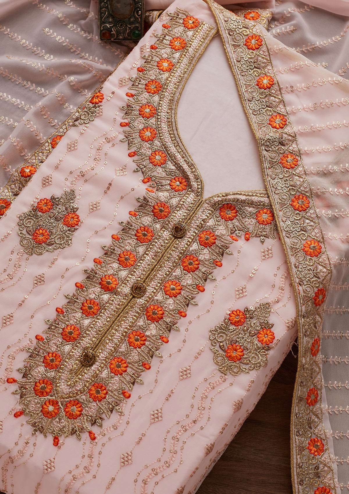 Baby Pink Zariwork Georgette Designer Unstitched Salwar Suit - Koskii