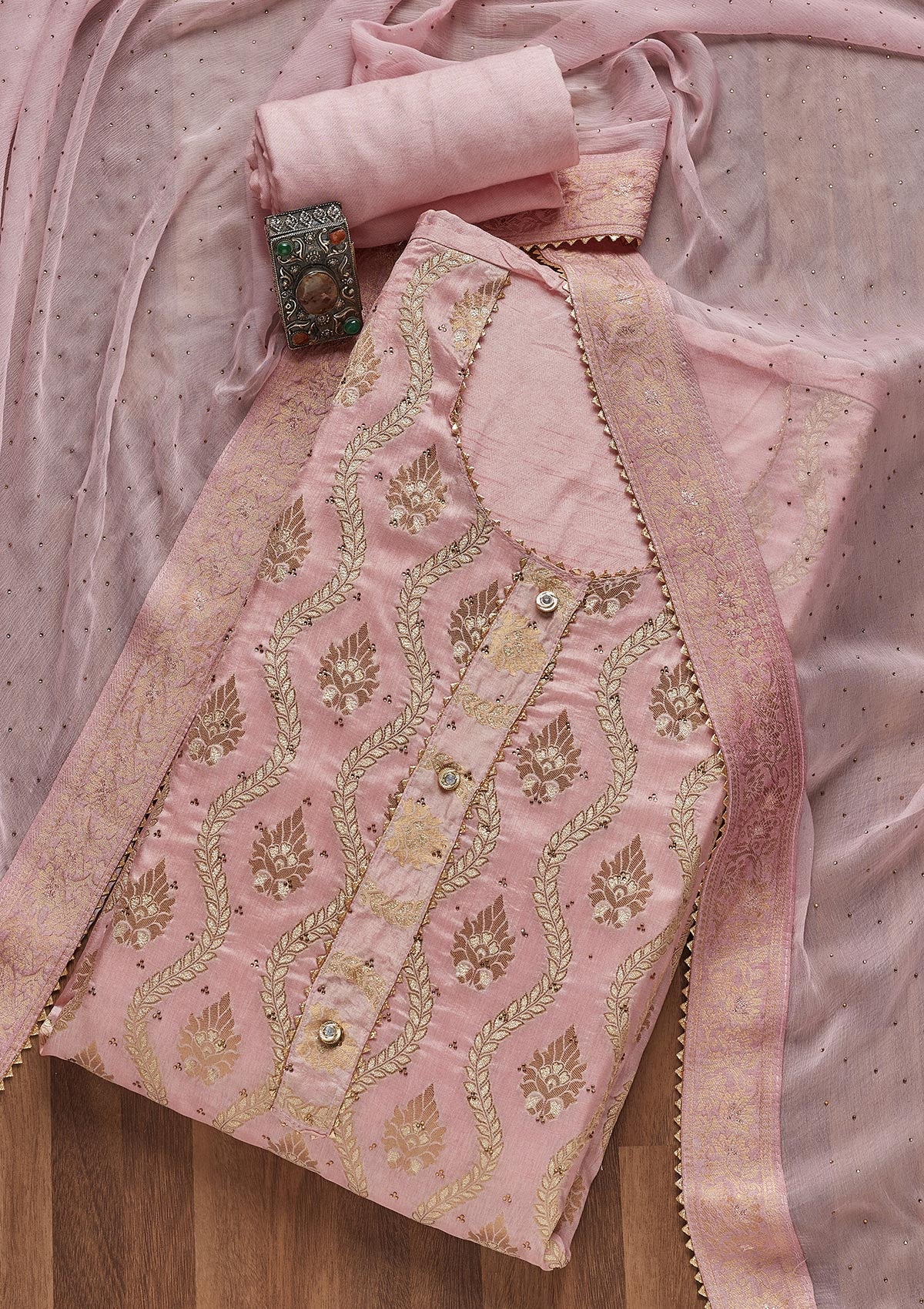 Baby Pink Zariwork Georgette Unstitched Salwar Suit- Koskii