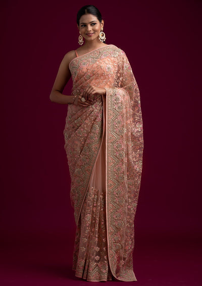 Baby Pink Zariwork Net Designer Saree - koskii
