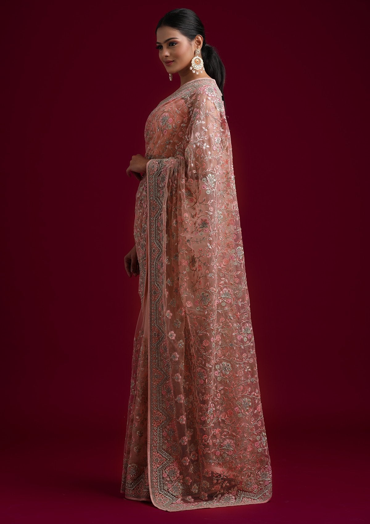 Baby Pink Zariwork Net Designer Saree - koskii