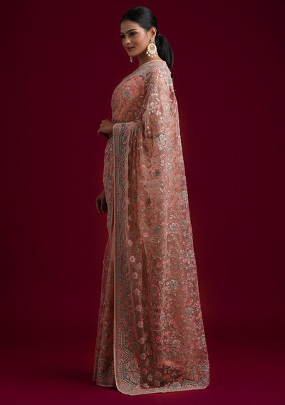 Baby Pink Zariwork Net Designer Saree - koskii