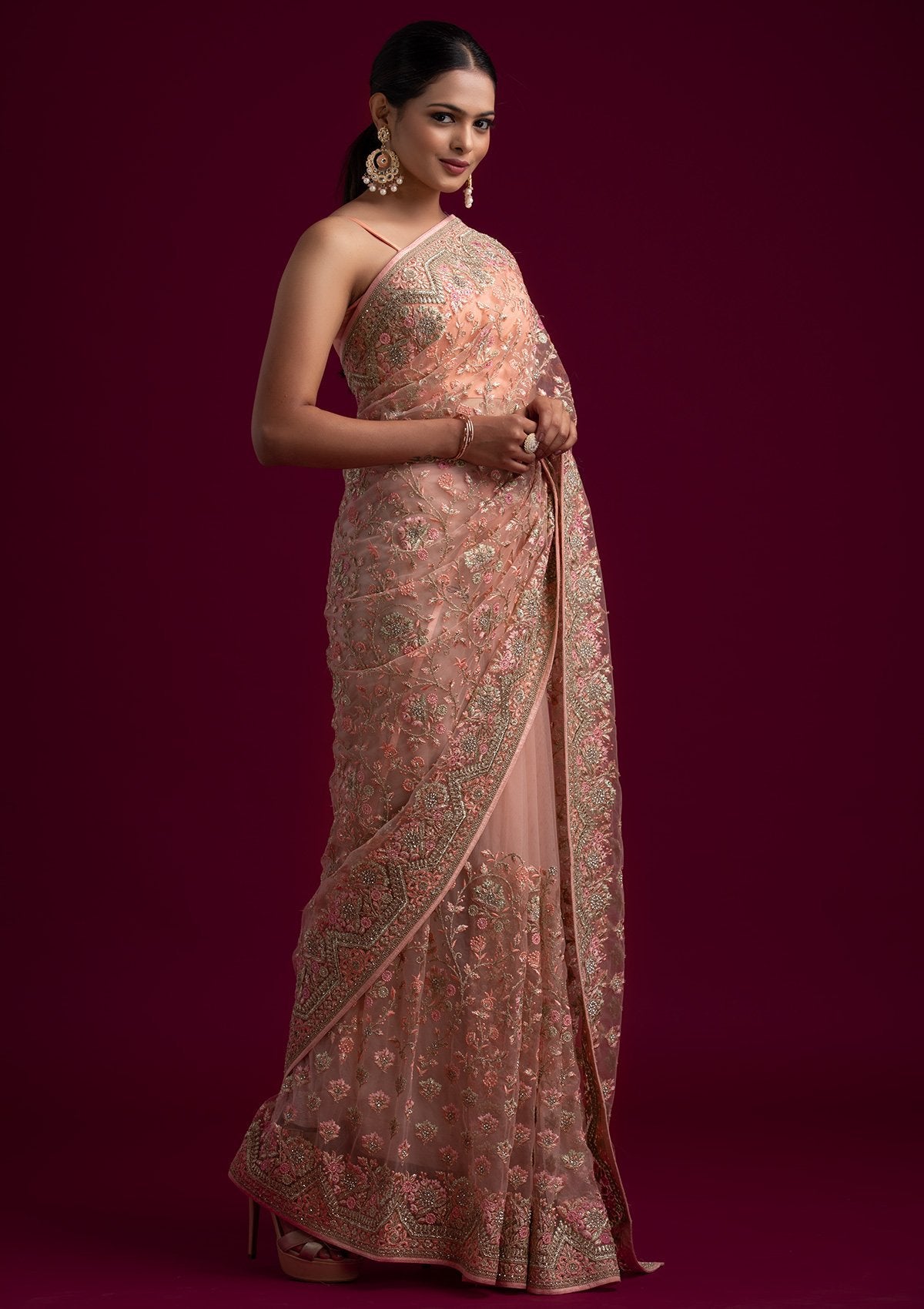 Baby Pink Zariwork Net Designer Saree - koskii