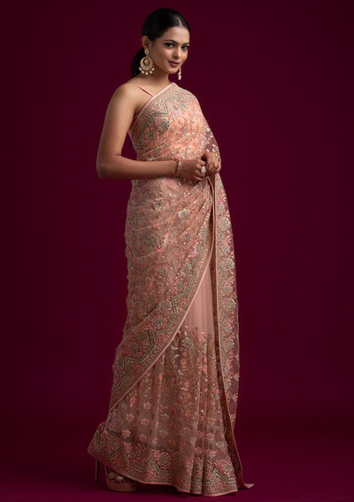 Baby Pink Zariwork Net Designer Saree - koskii