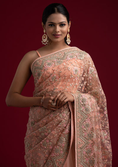 Baby Pink Zariwork Net Designer Saree - koskii