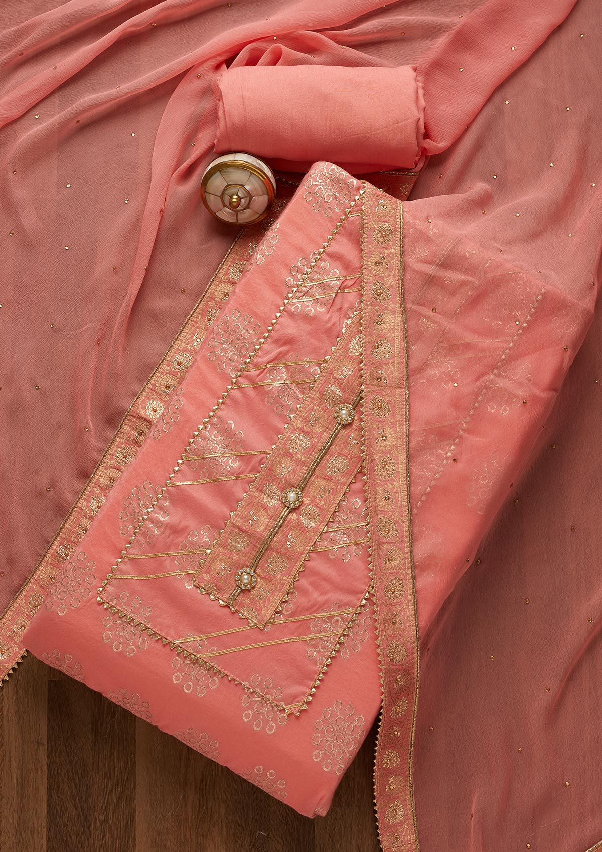 Baby Pink Zariwork Raw Silk Unstitched Salwar Suit - Koskii