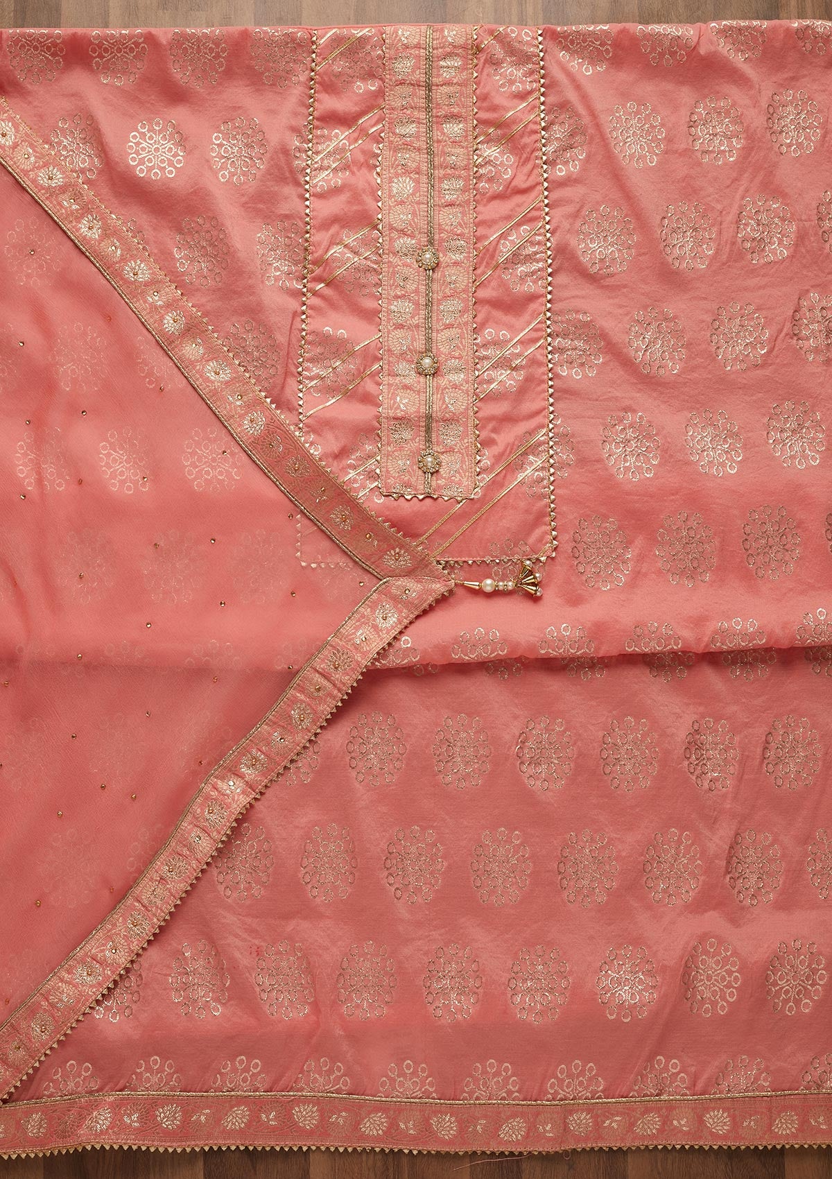 Baby Pink Zariwork Raw Silk Unstitched Salwar Suit-Koskii