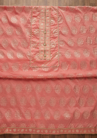 Baby Pink Zariwork Raw Silk Unstitched Salwar Suit-Koskii