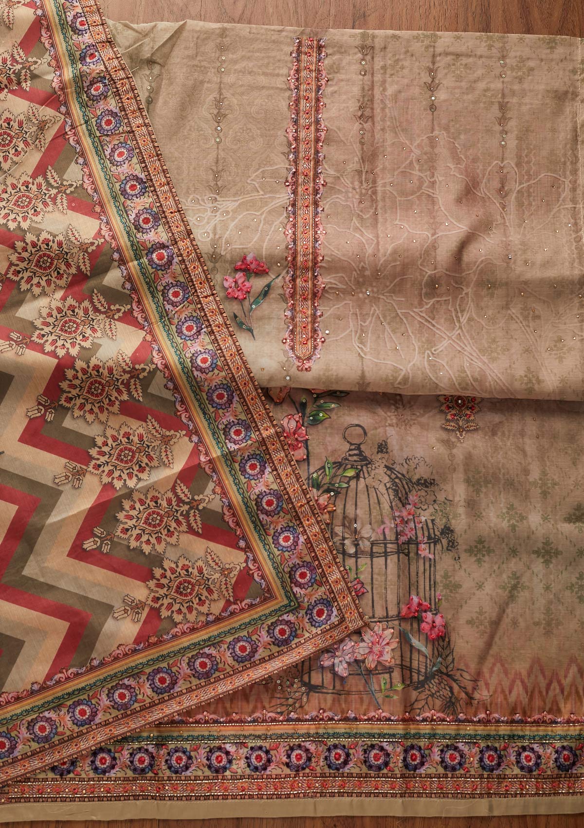 Beige Cutdana Art Silk Designer Unstitched Salwar Suit - koskii