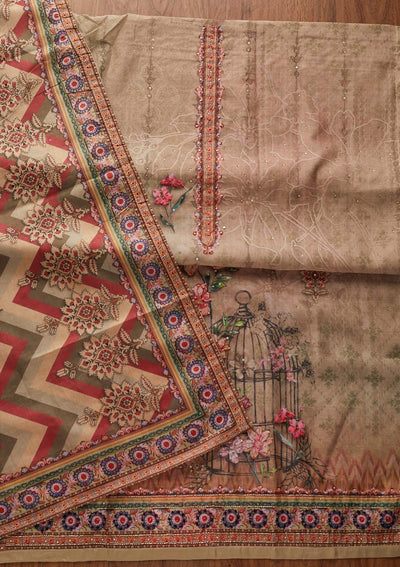 Beige Cutdana Art Silk Designer Unstitched Salwar Suit - koskii