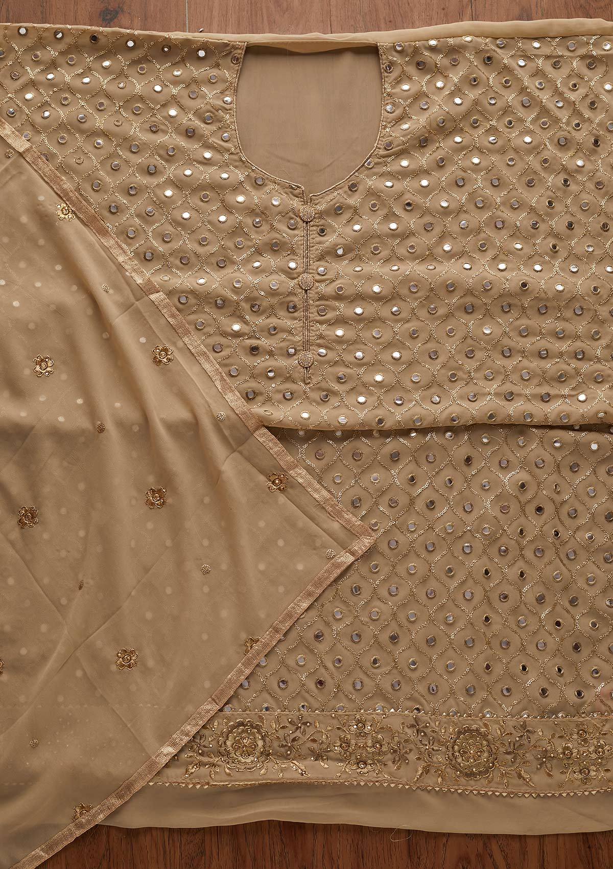 Beige Mirrorwork Georgette Designer Semi-Stitched Salwar Suit - Koskii