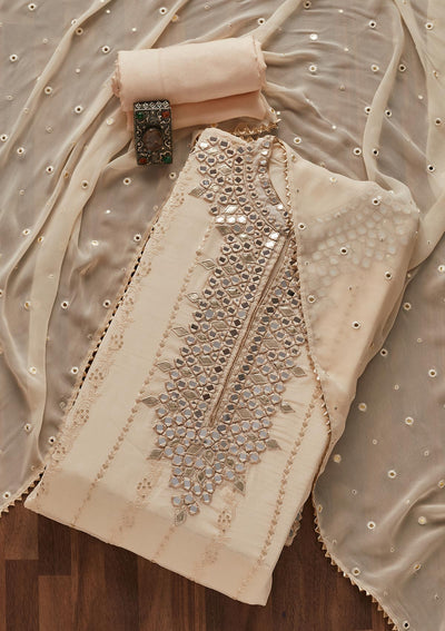 Beige Mirrorwork Georgette Designer Unstitched Salwar Suit - Koskii