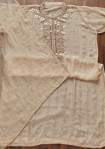Beige Mirrorwork Georgette Designer Unstitched Salwar Suit - Koskii