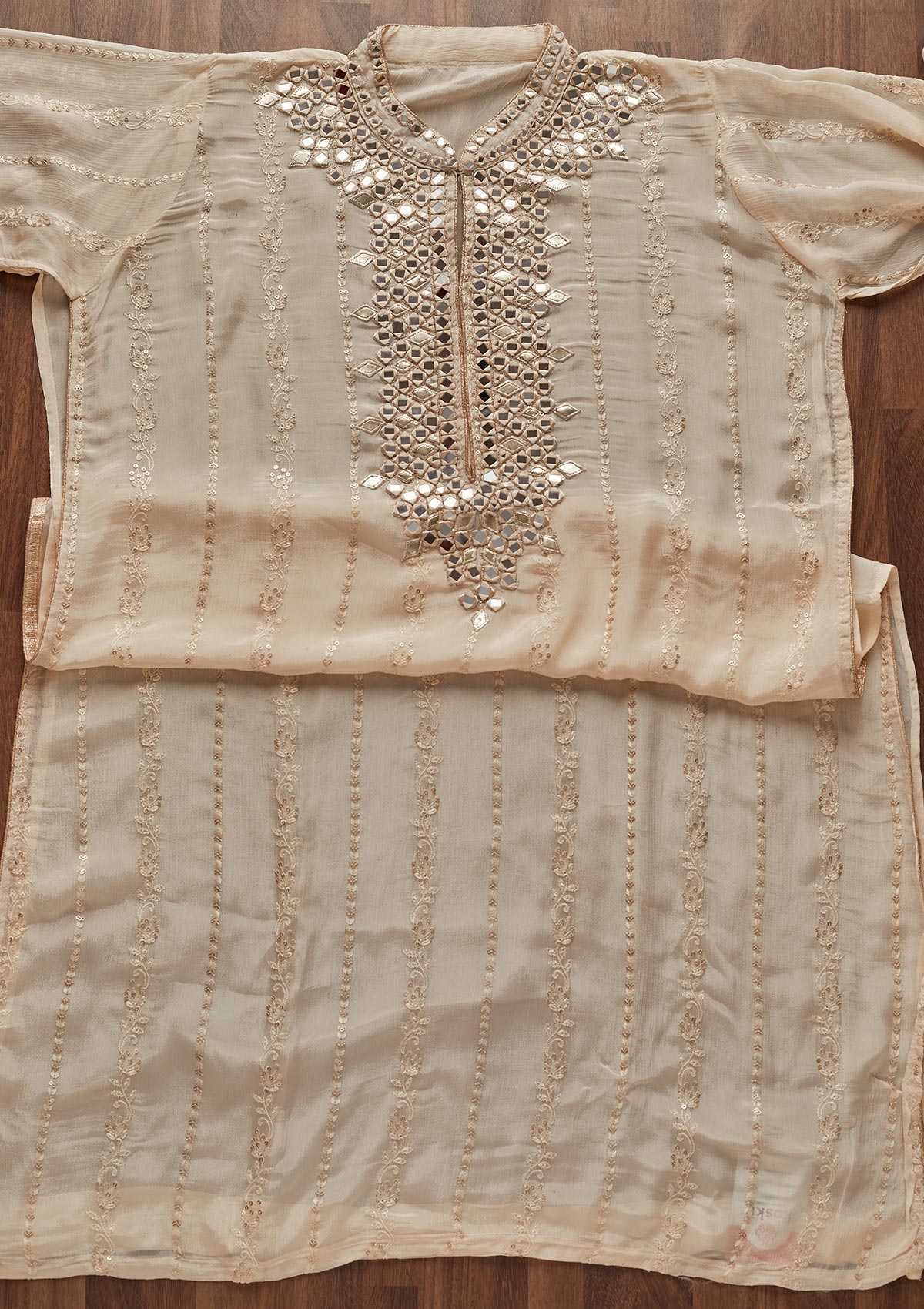 Beige Mirrorwork Georgette Designer Unstitched Salwar Suit - Koskii
