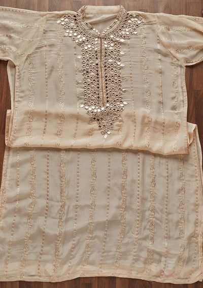 Beige Mirrorwork Georgette Designer Unstitched Salwar Suit - Koskii