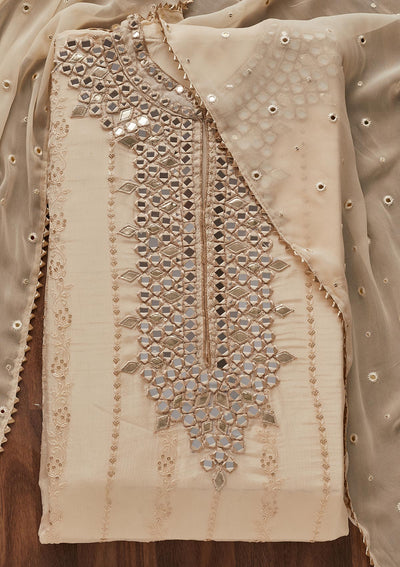 Beige Mirrorwork Georgette Designer Unstitched Salwar Suit - Koskii