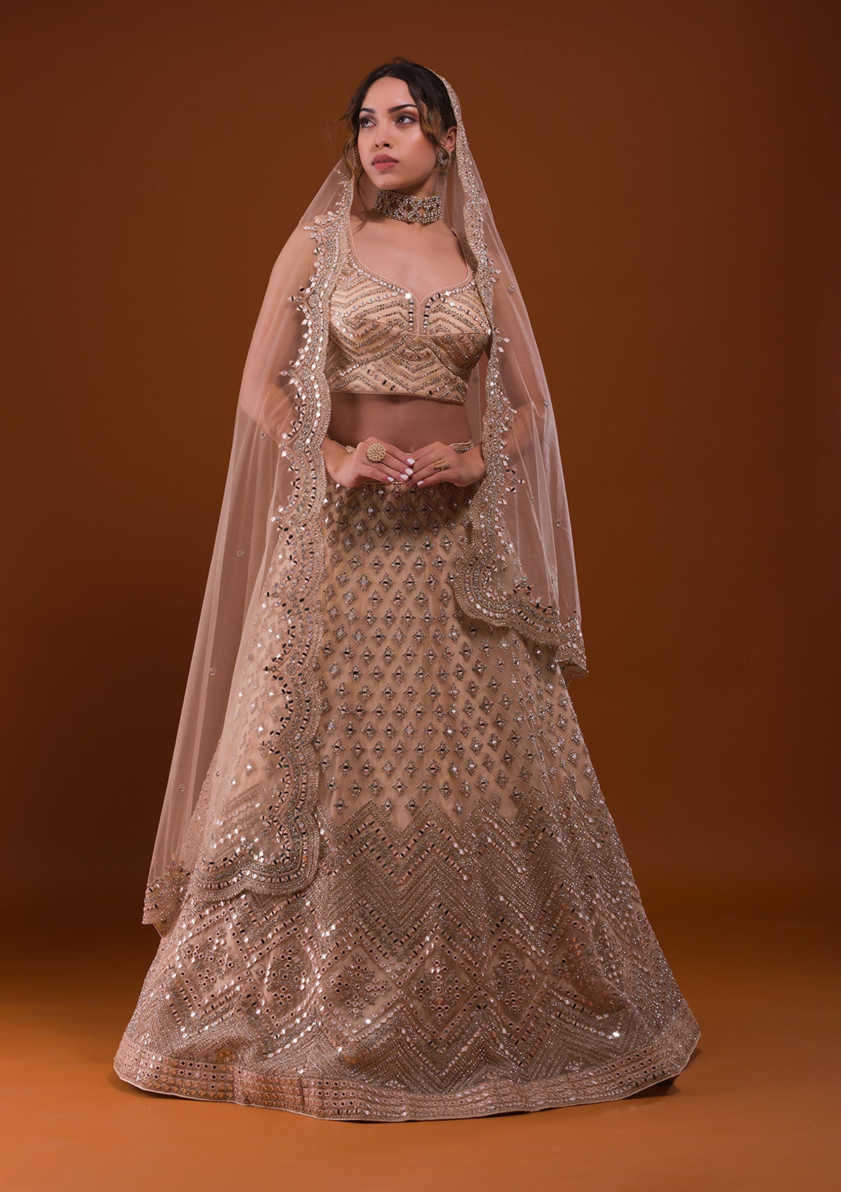 Buy Beige Mirrorwork Net Readymade Lehenga Koskii