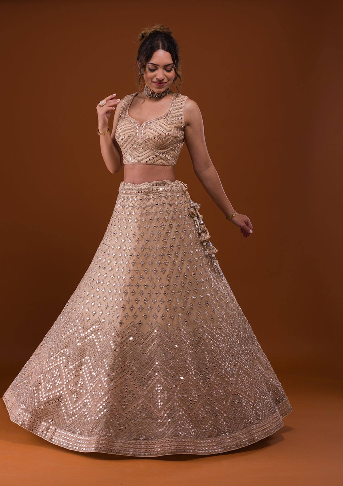 Buy Beige Mirrorwork Net Readymade Lehenga Koskii