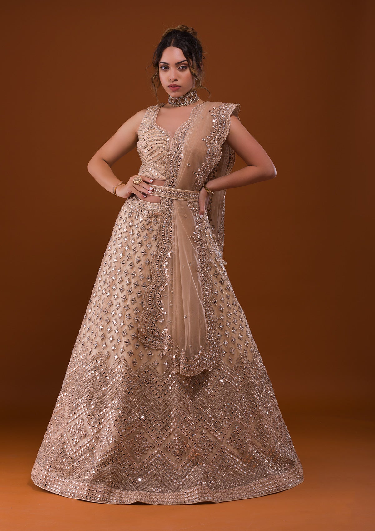 Buy Beige Mirrorwork Net Readymade Lehenga Koskii