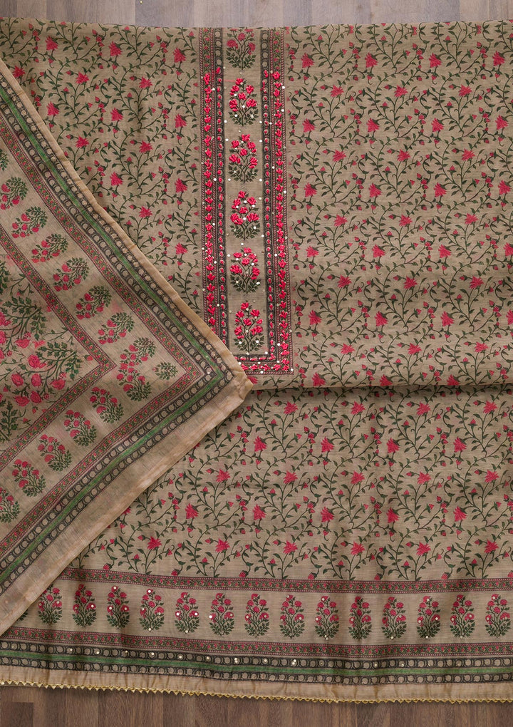 Beige Printed Semi Crepe Semi-Stitched Salwar Suit-Koskii