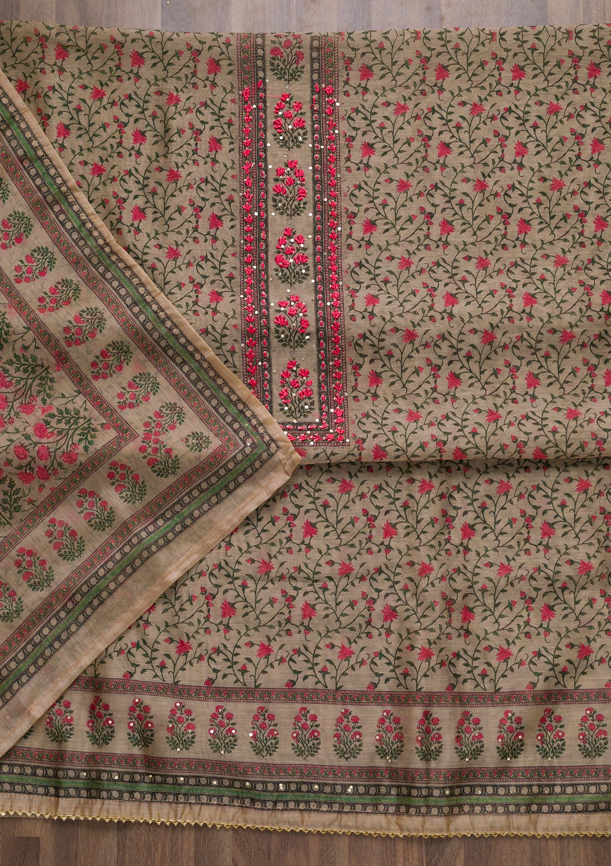 Beige Printed Semi Crepe Semi-Stitched Salwar Suit-Koskii