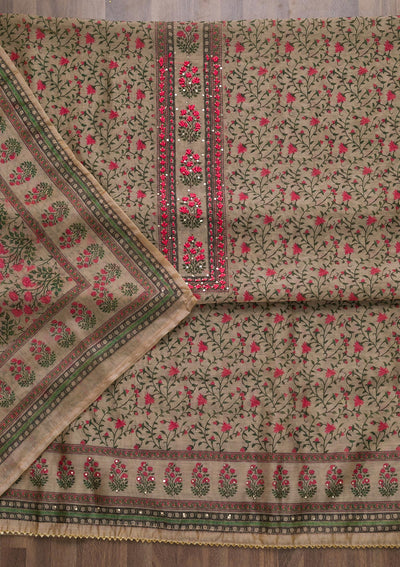 Beige Printed Semi Crepe Semi-Stitched Salwar Suit-Koskii
