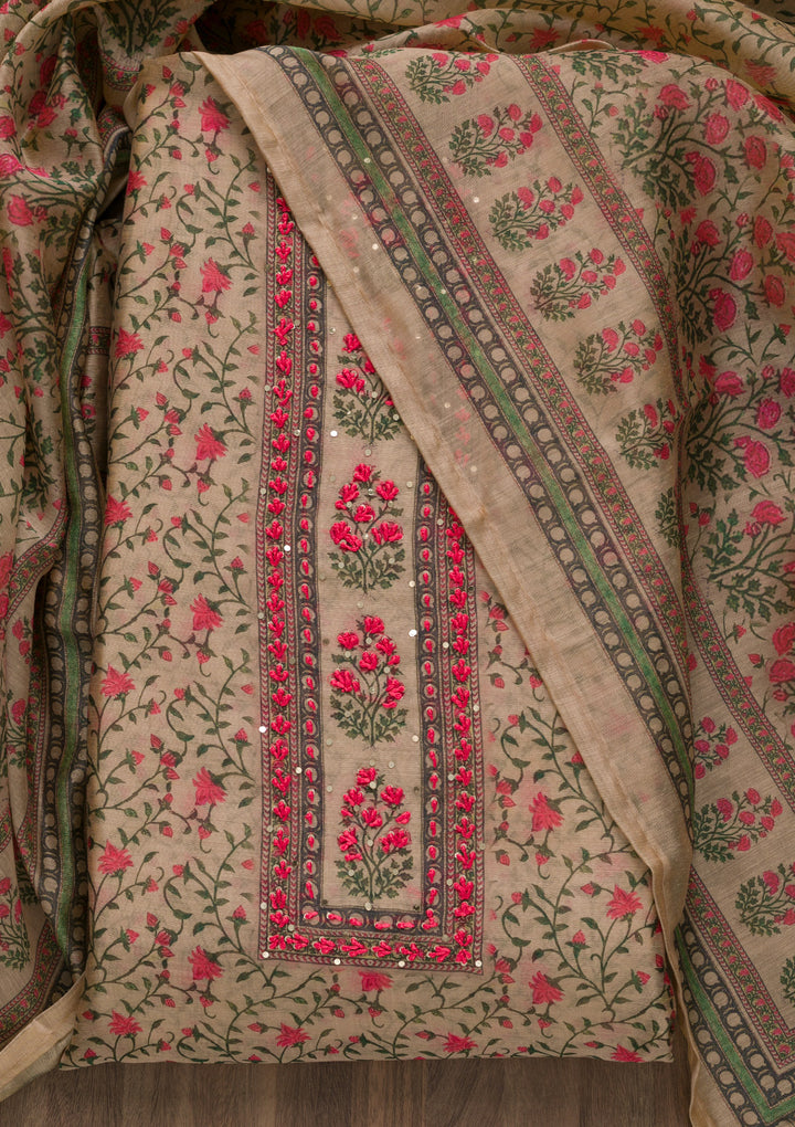 Beige Printed Semi Crepe Semi-Stitched Salwar Suit-Koskii