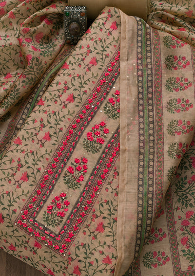 Beige Printed Semi Crepe Semi-Stitched Salwar Suit-Koskii