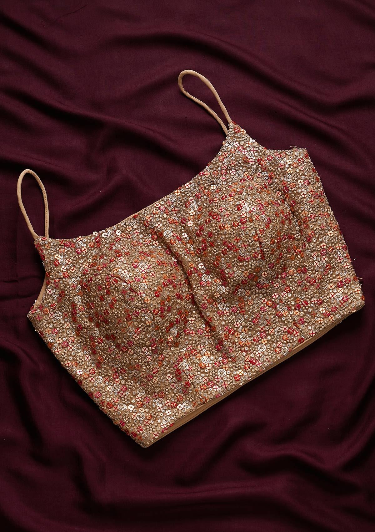 Beige Sequins Net Designer Blouse - koskii