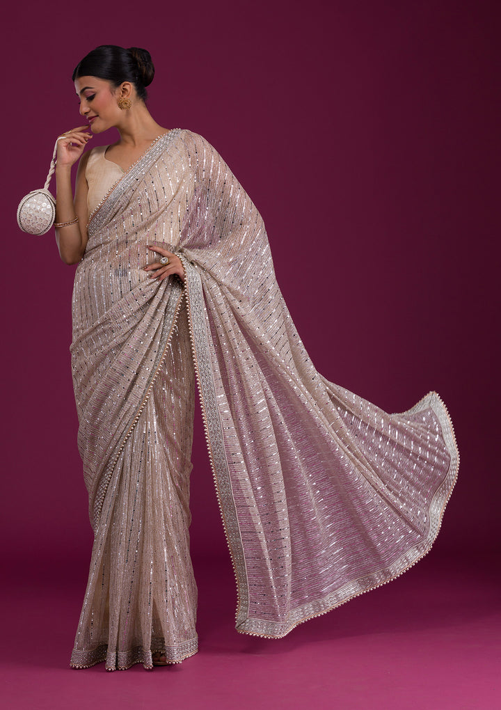 Beige Sequins Net Saree-Koskii