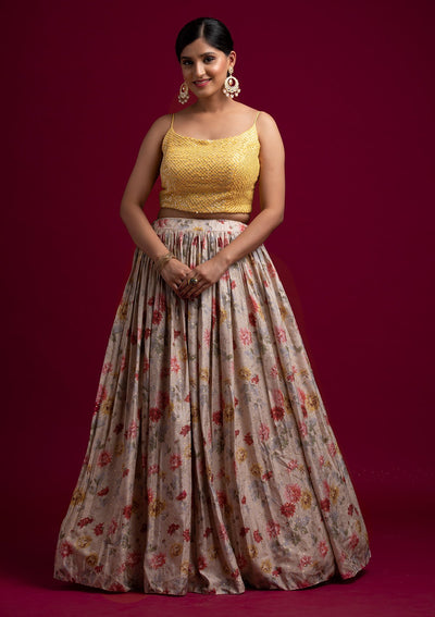 Beige Sequins Satin Designer Lehenga - koskii