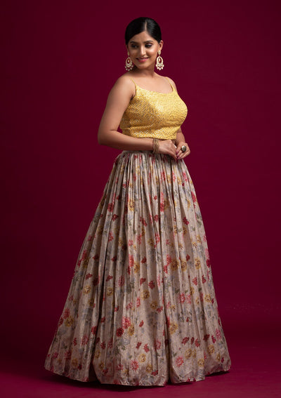 Beige Sequins Satin Designer Lehenga - koskii