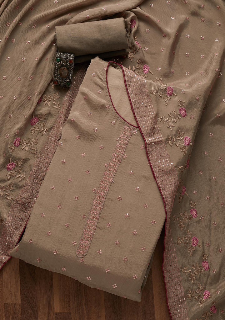 Beige Sequins Semi Crepe Semi-Stitched Salwar Suit-Koskii