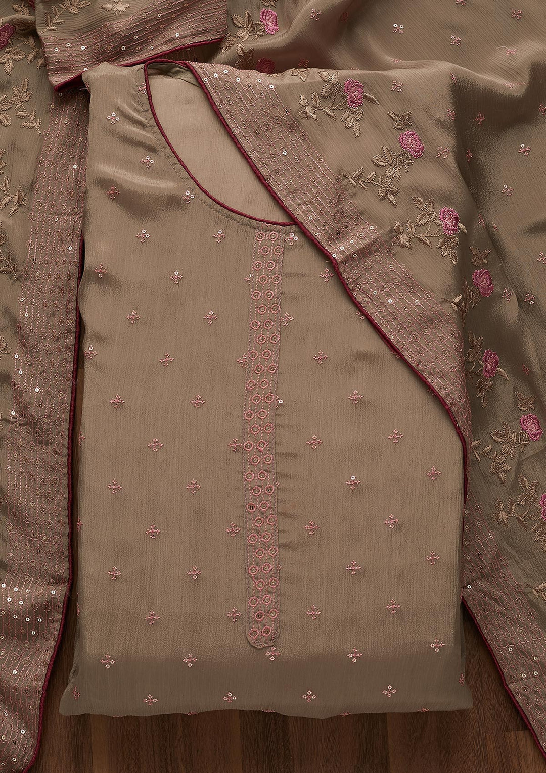 Beige Sequins Semi Crepe Semi-Stitched Salwar Suit-Koskii