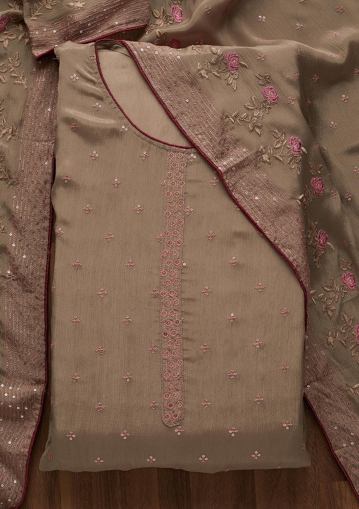 Beige Sequins Semi Crepe Semi-Stitched Salwar Suit-Koskii