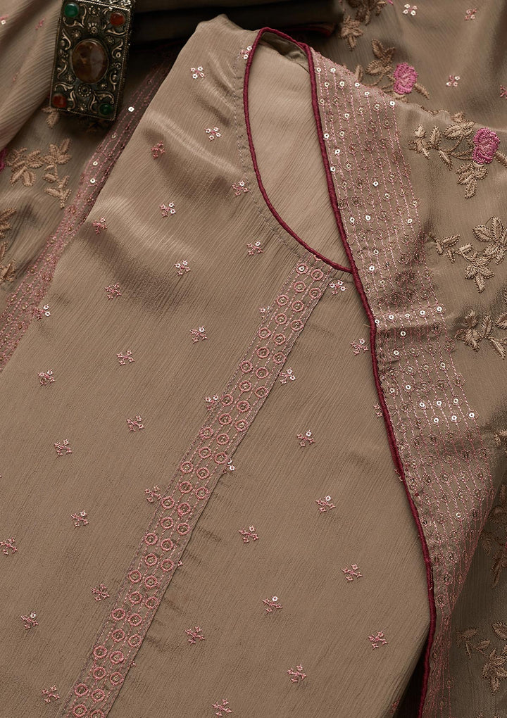 Beige Sequins Semi Crepe Semi-Stitched Salwar Suit-Koskii