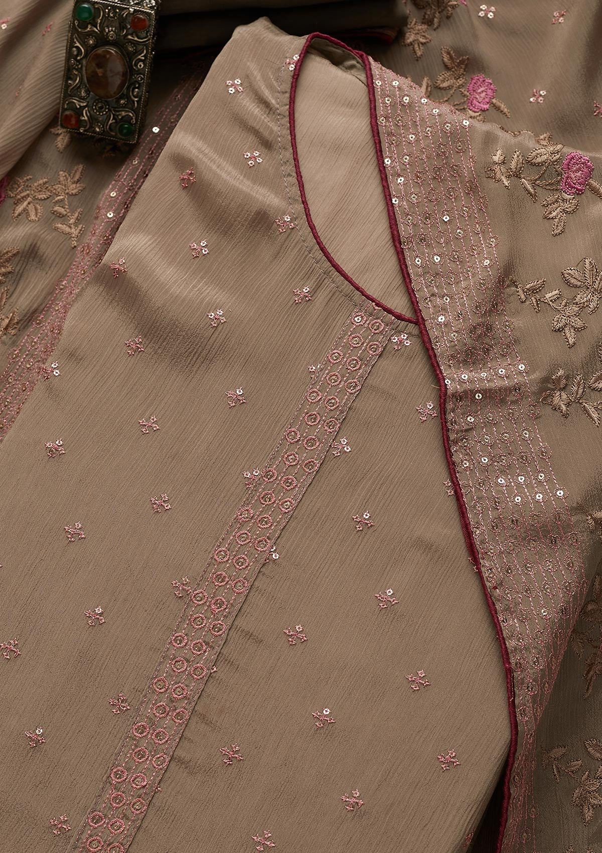 Beige Sequins Semi Crepe Semi-Stitched Salwar Suit-Koskii