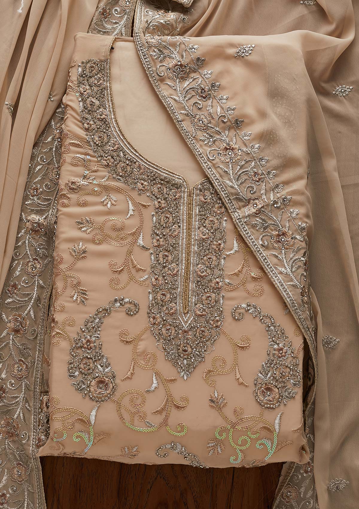 Beige Silver Stonework Georgette Designer Unstitched Salwar Suit - Koskii